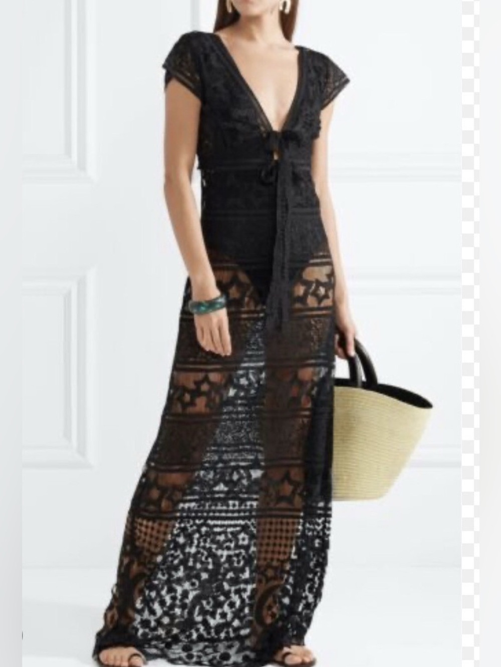 Miguelina Resort Black Sheer Lace Tie-Front Maxi Dress